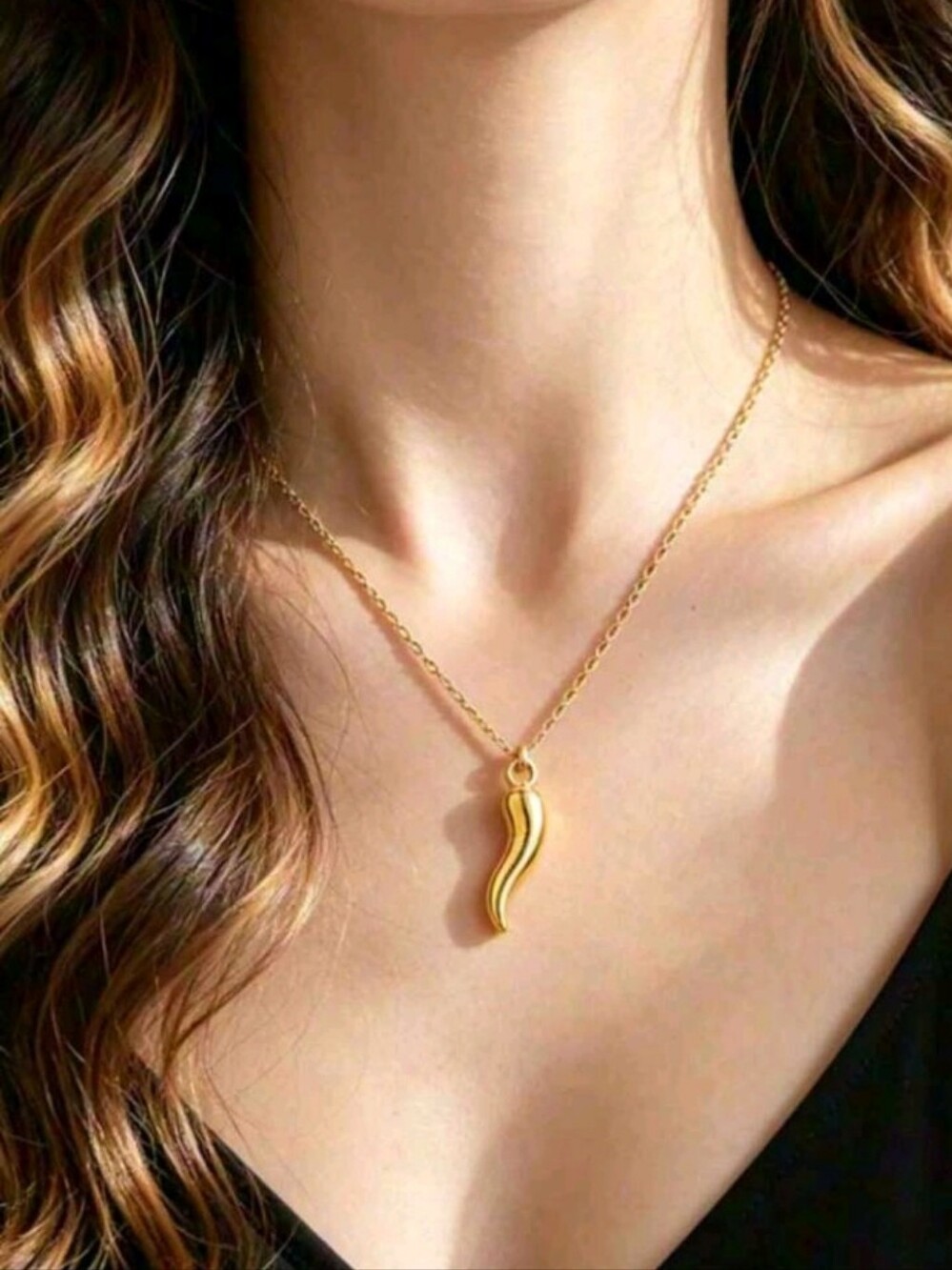 NEW! 18K Gold Plated Cornicello Italian Horn Pendant Necklace - Women Jewelry